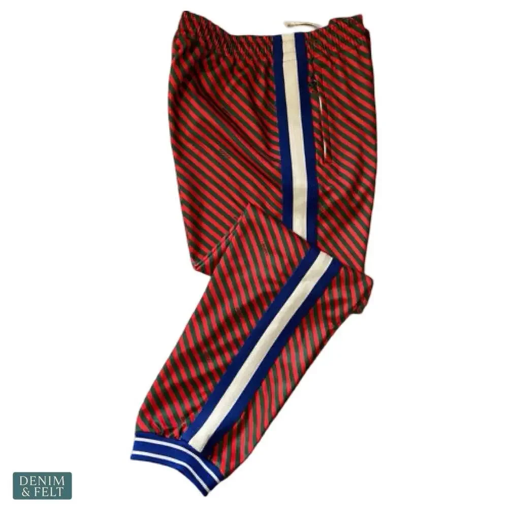 Gucci Diagonal Stripe Tech Jersey Track Pants Webbing Trim Red Green Mens Medium